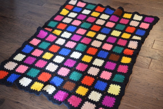 Vintage Crochet Granny Square Throw Blanket, 1970s Multicolor Wool