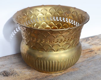 Vintage Solid Brass Pot, 10.5" across, Brass Reticulated Pot or Plant Holder - Hollywood Regency Decor, Gold Planter