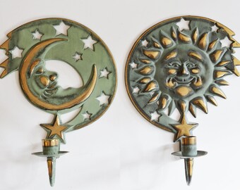 Vintage Celestial Wall Sconces, Brass and Blue set of 2 Wall Candle Holders or Candelabras, Sun and Moon