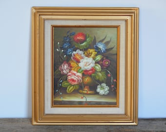 ビンテージ花油絵6枚セット、フレーム付き静物画ブーケ、ミニフラワー