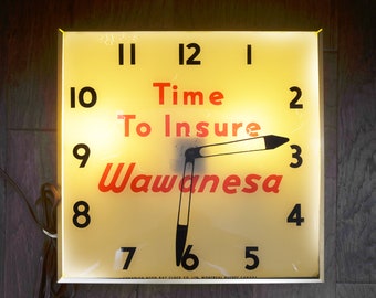 Vintage Neon-Ray Advertising Clock, Wawanesa Insurance, Mid Century, Canada Made