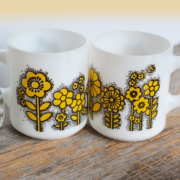 Vintage Hazel Atlas 'Mod Flower' coffee mugs, yellow hippie florals, milk glass coffee mugs, circa 1960s