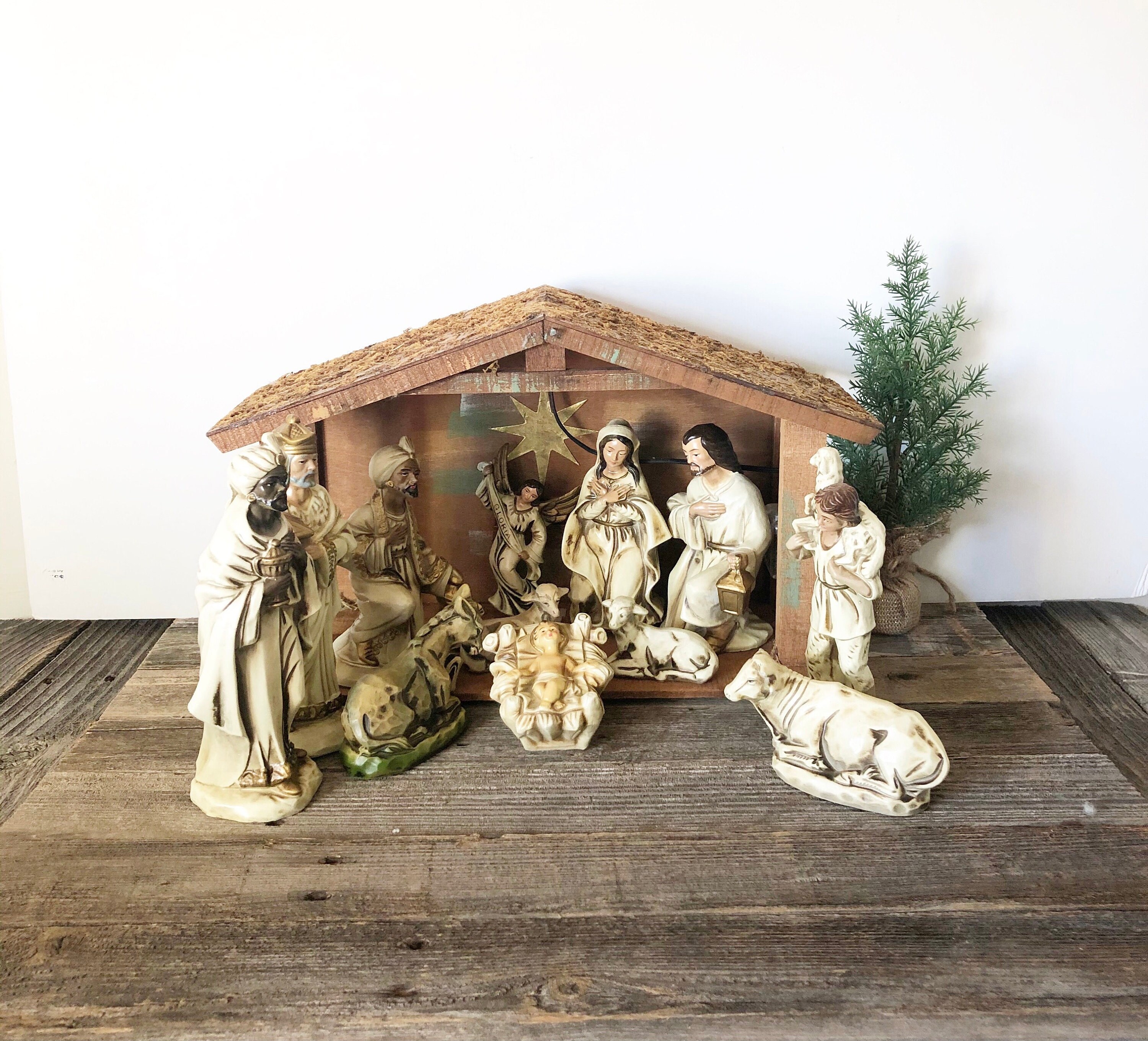 Vintage Large Musical Ceramic Nativity Set with Manger. Etsy