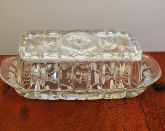 Vintage Glass Butter Dish - Mid Century Star-cut, palm leaf patterns - kitchen tableware
