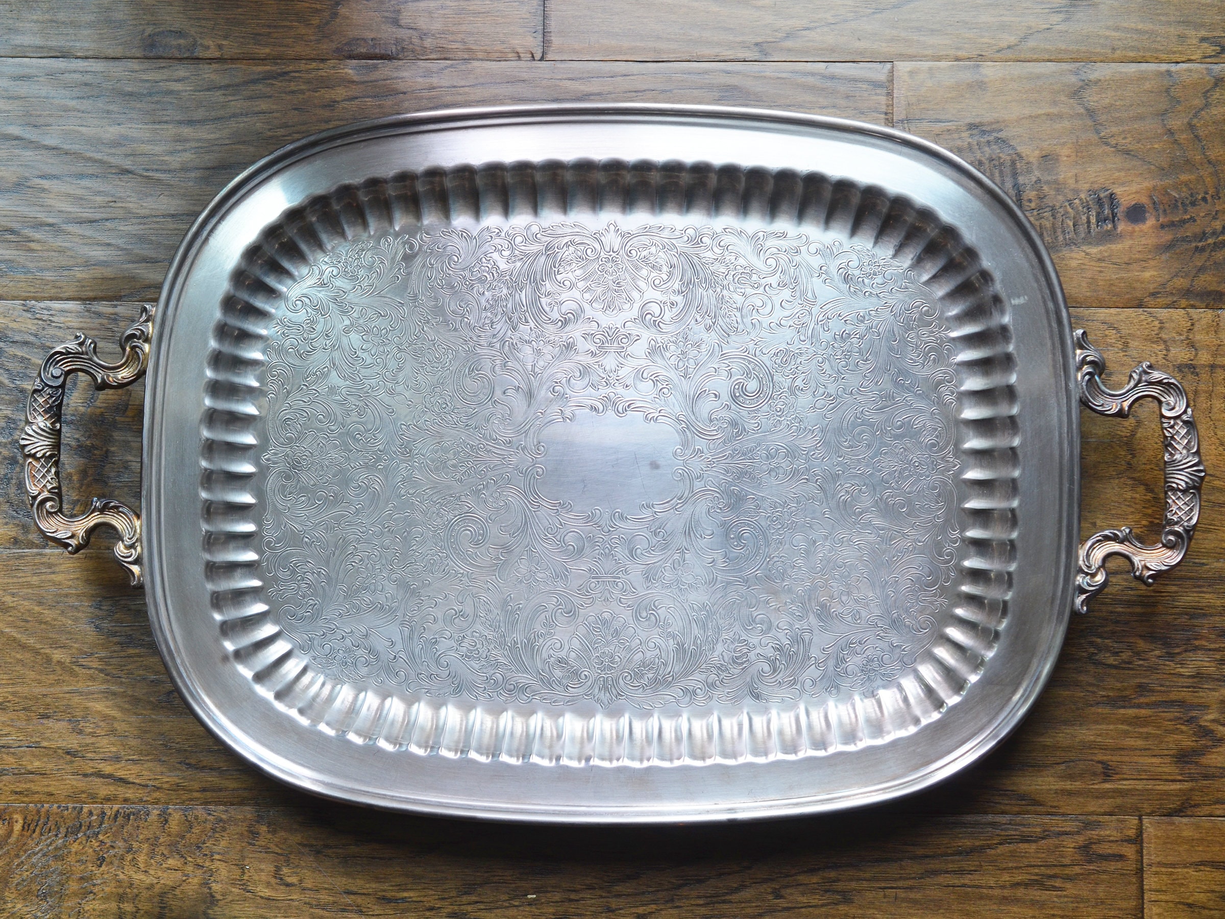 Vintage Silver Handled Tray, 23 Across, Leonard Silver Plate, Ornate  Handles and Etched Surface, Beautiful Patina 