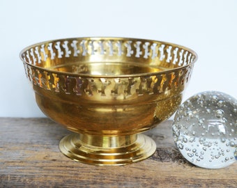 Vintage Brass pedestal bowl, reticulated or pierced edge, brass decor, Hollywood Regency gold decor, boho gold decor