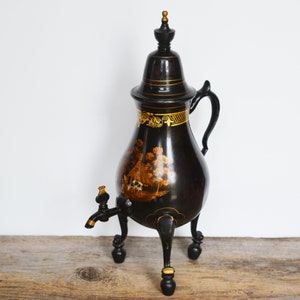 Vintage Dutch Samovar, 19th Century Black Painted Tole Samovar with Gilt Decoration resting on 3 Cabriole Legs, Hand-Painted Pastoral Scene