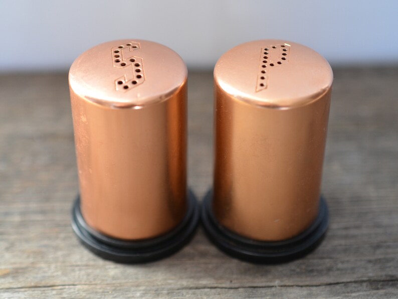 made in USA circa 1950s Vintage Copper Kitchen salt and pepper shakers stamped holes for S /& P