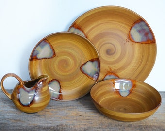 Vintage Sango Splash Dinnerware, circa 2000s, Brown Ironstone Pottery, splashed glossy glaze, vintage dinnerware