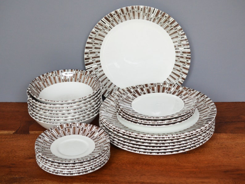 Vintage Ridgway Espresso Dinnerware, Ironstone made in England circa 1960s, mid century brown geometric pattern image 2