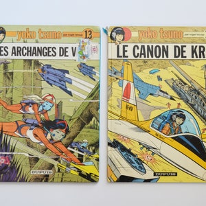Vintage Yoko Tsuno books, circa 1970s, Volumes 13 and 15, Hard Cover Ligne Claire Illustrated animated books, French Belgian