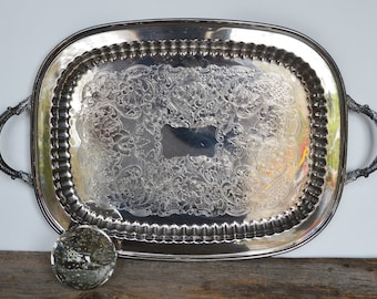Vintage Silver Plated Serving Tray, Ornate Handles, Etched Surface, 22.5"