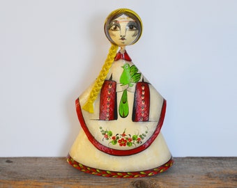Vintage Mexican Paper Mache Lady Figurine, Sermel Hand-Painted Folk Art