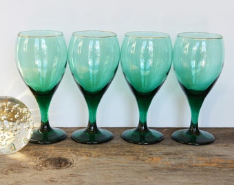 Vintage Libbey Juniper Wine Glasses, Set of 4 Green Glass Stemware, Gold Rims