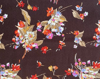 Vintage Floral Dark Brown Crepe Fabric, 45" by 288" (8 yards available - priced by yard), featuring florals, 1960s mid century fabric