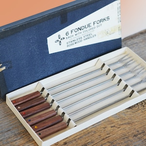 Vintage Fondue Forks boxed set, Stainless steel with Rosewood handles made in Japan circa 1970s, 6 serving forks, Mid Century Modern kitchen