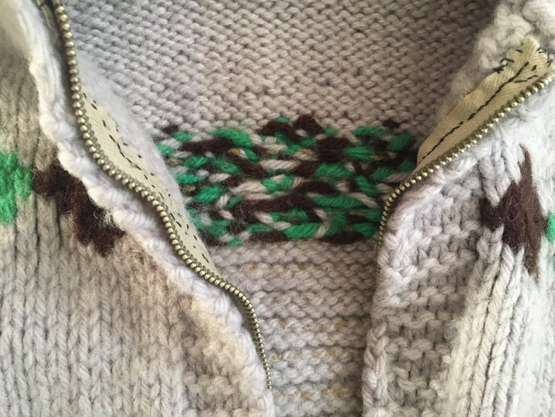 May include: A close-up of a gray knitted sweater with a zipper and a brown and green geometric pattern.