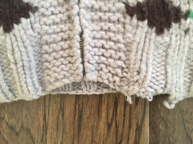 May include: A close-up of a gray knitted sweater with a brown and green pattern. The sweater has a zipper and is showing signs of wear.