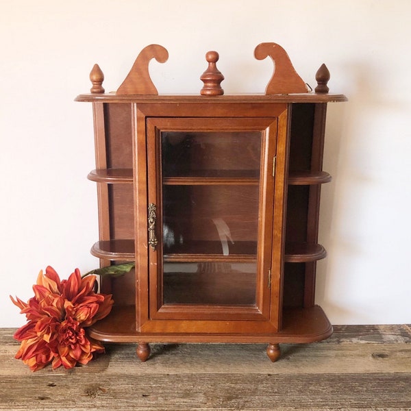 Vintage wood Wall Cabinet with Glass door, Curio Vintage Wall Cabinet, Vintage Shelf, Hanging Wood Wall Shelf, Knick Knack Shelf -16”