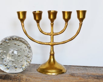 Vintage Brass Menorah with 5 holders, 6" tall, Hanukkah holiday celebration candleholder, or candelabra