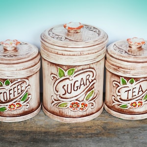 Vintage Kitchen Canisters set of 3 circa 1970s, Ceramic featuring faux wood design, Treasure Craft circa 1962 California USA Pottery image 1