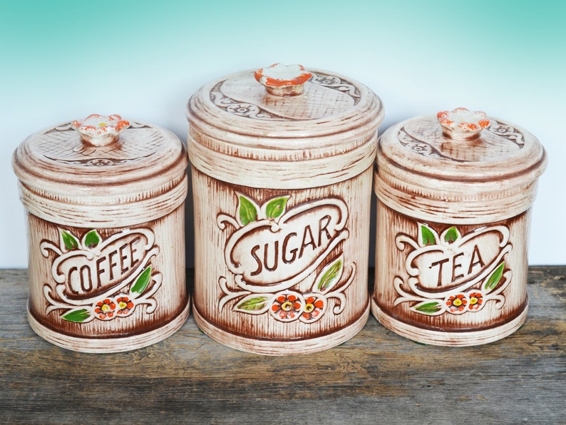 Vintage Kitchen Canisters set of 3 circa 1970s, Ceramic featuring faux wood design, Treasure Craft circa 1962 California USA Pottery image 1