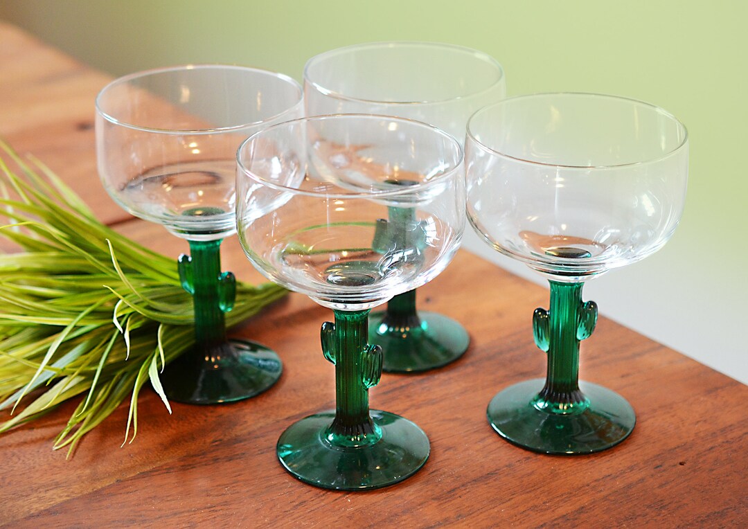Vintage Libbey Cactus Margarita Glasses Circa 1980s, Set of 4 Green