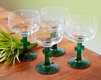 Vintage Libbey Cactus Margarita Glasses circa 1980s, Set of 4 Green Glass Stemware, Southwestern Dessert Barware