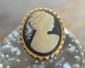 Vintage Black Cameo Brooch, Marcasite Black Onyx, Gold Metal Trim