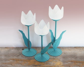 Vintage Glass Tulip Votives, Set of 3, Frosted Glass and Blue Metal Stems with Leaves, Candle Holders circa 1990s, Boho Home Decor