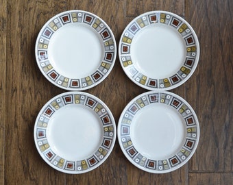 Vintage Kathie Winkle Rushstone Bread Plates Set of 4, 'Schitt's Creek' made in England circa 1970s, Geometric Mid century painted pattern