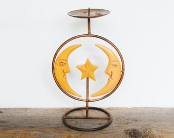 Vintage Celestial Candle Holder circa 1990s, Metal body and painted wood moons, Celestial Decor, Boho Candle Holder