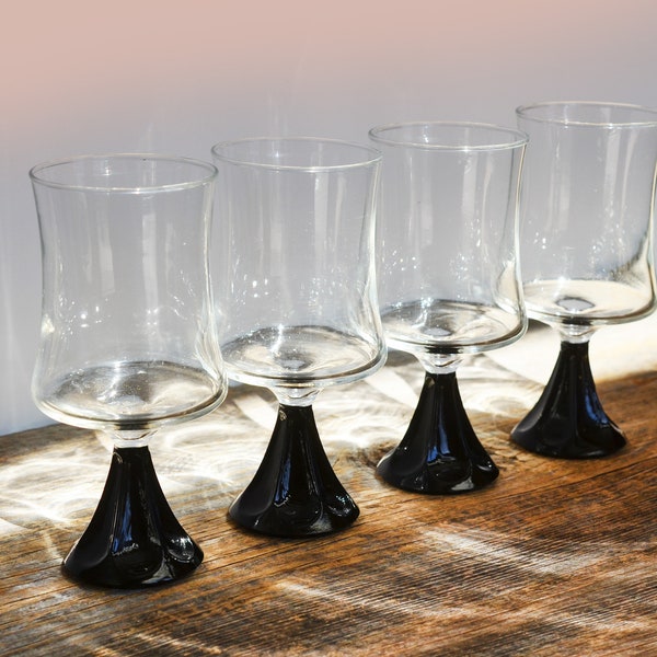 Vintage Ravenhead Arabesque Black Stemware Glasses, Mid Century Barware, Set of 4, Cordial size with thick stems, Made in England 1970s