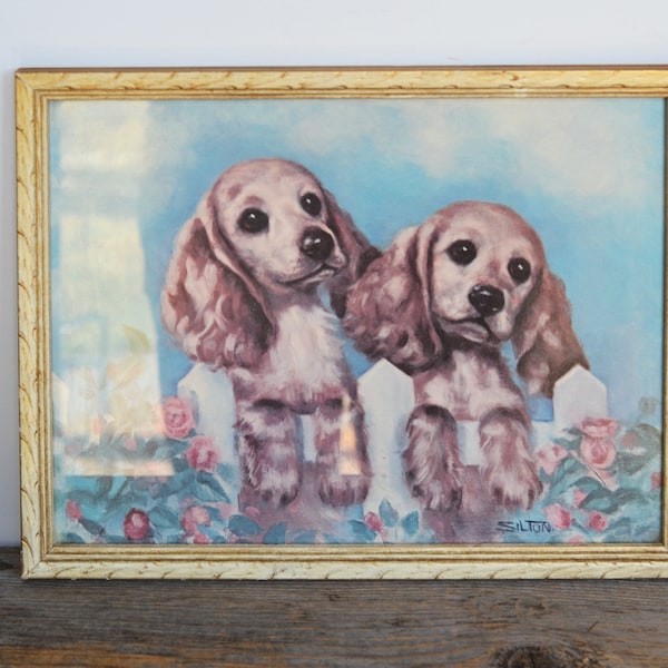 Vintage Cocker Spaniel Art Print by Silton, framed art lithograph circa 1970s, Dog Lover Art, Cocker Spaniel Puppies