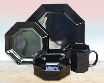 Vintage Arcoroc Octime Black Dinnerware, French Table Setting circa 1980s, Octagonal Art Deco Revival, Black Kitchen