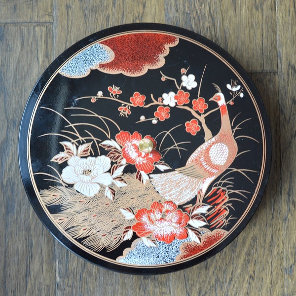 Vintage Japanese Black Lacquer Candy Box, Peacock Theme, Divided Round Box, made in Japan circa 1970s, Asian Serving Tray, Chinoiserie