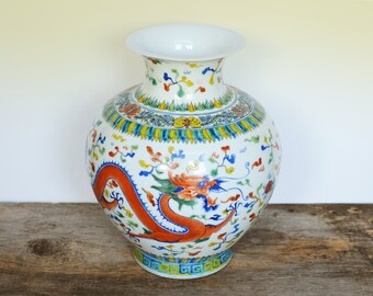 Vintage Modern Wucai Porcelain Vase, Daoguang mark Hong Kong circa 1960s, 12" Tall, Five Claw Ancient Dragon and Phoenix with Flaming Pearls