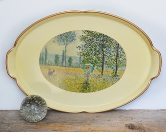 Vintage Lady Clare tray, made in England circa 1980s, Oval shaped with gold trim, Fields in Spring by Monet artwork