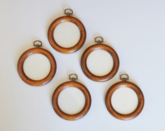 Vintage solid oak circle picture frames, Set of 5, Wall Hanging Frames with brass hooks, Small Wooden Art Frames