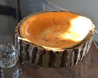 Vintage Poplar Wood Bowl, Rustic Primitive Bowl, Natural Edge Pedestal Base, Poplar Tree, Turned Wood Bowl