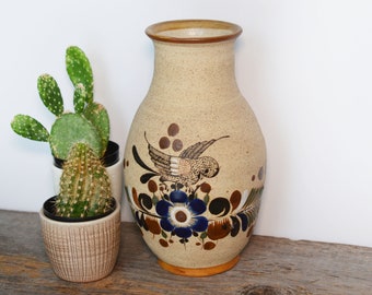 Vintage Tonala Vase Sandstone and Bird Design, 8.75" tall, Mexican hand-painted pottery, Authentic Stoneware Folk Art