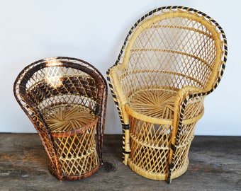 Vintage Rattan Peacock Chairs, Small Size set of two, 15" and 10" tall, Wicker Plant Holder, Boho Plant Stand, Rattan Plant Holder