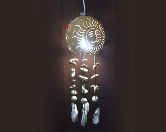 Vintage Carved Gourd Light, Hanging Pendant with large shells, Electrical patio light, Tiki Lighting, Beach House Lighting