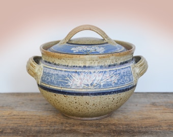 Vintage Pottery Covered Casserole, Blue with pink florals and oatmeal glaze, hand-painted rustic kitchen