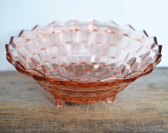 Vintage Pink Depression Glasschale, Würfelmuster, Obstschale mit Fuß