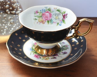 Vintage Shafford Japan Black and Gold Teacup & Saucer - Gold Handle, Footed dainty base, Japanese Tea Cup, Vintage Tea Party