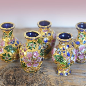 Vintage Cloisonne Miniature Vases, Set of 5, Intricate Flower Design trimmed in gold, Asian Decor, made in China circa 1970s