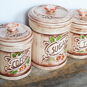 Vintage Kitchen Canisters set of 3 circa 1970s, Ceramic featuring faux wood design, Treasure Craft circa 1962 California USA Pottery image 4