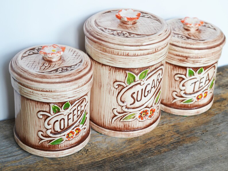 Vintage Kitchen Canisters set of 3 circa 1970s, Ceramic featuring faux wood design, Treasure Craft circa 1962 California USA Pottery image 4
