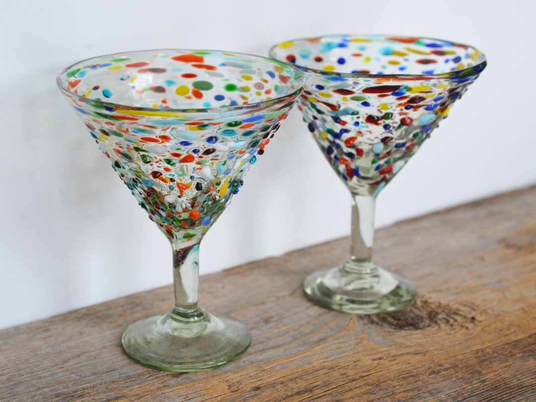 Vintage Confetti Margarita Glasses, Set of 2, Pebbled Glass Made in